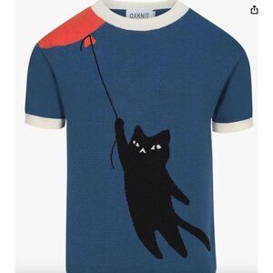 OXKNIT Men's Retro Blue Knitted Sweater Short Sleeve, Mod Style Cat Pattern Crew